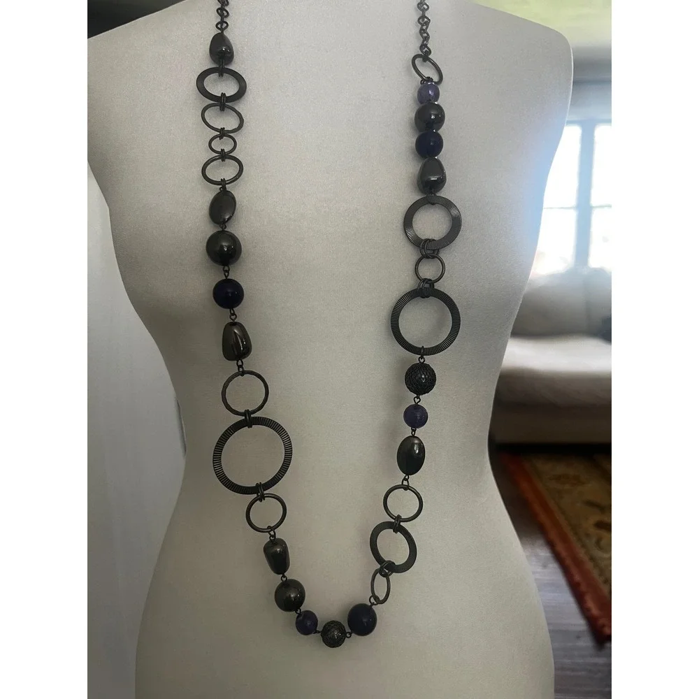 Vtg‎ Style Gunmetal Purple Bead Long Statement Necklace Textured Rings 40-44